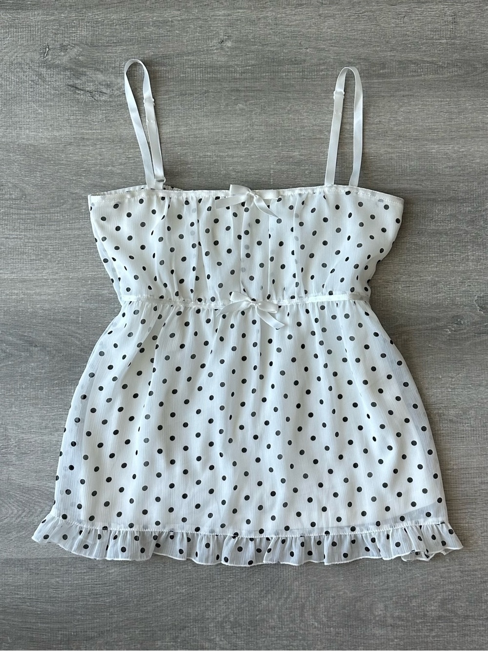 Feroux Japan White polka dot babydoll top with ruffle trim and bow Japanese